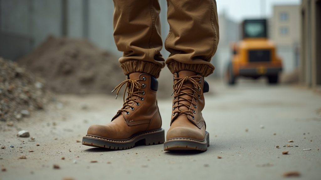 Steel toe socks for women in work boots on a construction site