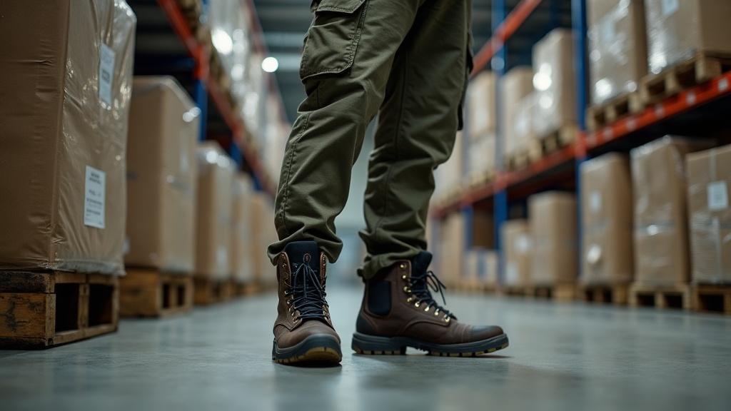 Trabajador de almacén con calcetines de compresión visibles sobre botas de trabajo