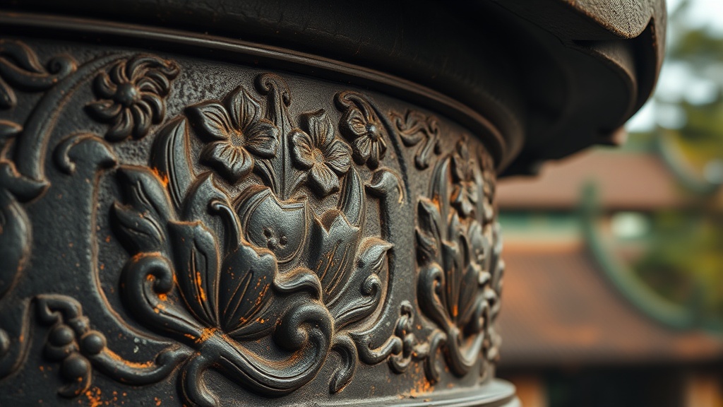 Détail de la pagode de fer est du temple Guangxiao, sculpture en fonte de l'époque Tang
