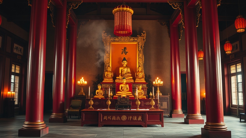 Intérieur du hall principal du temple Guangxiao avec statues bouddhistes dorées sur l'autel