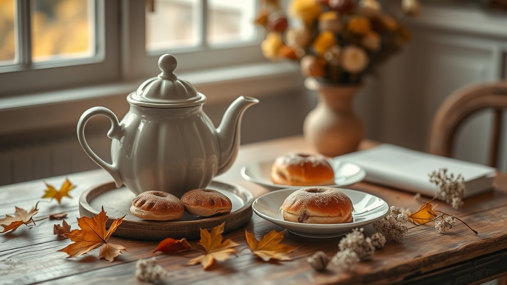 Table de salon de thé cosy à Reims avec théière et pâtisseries maison