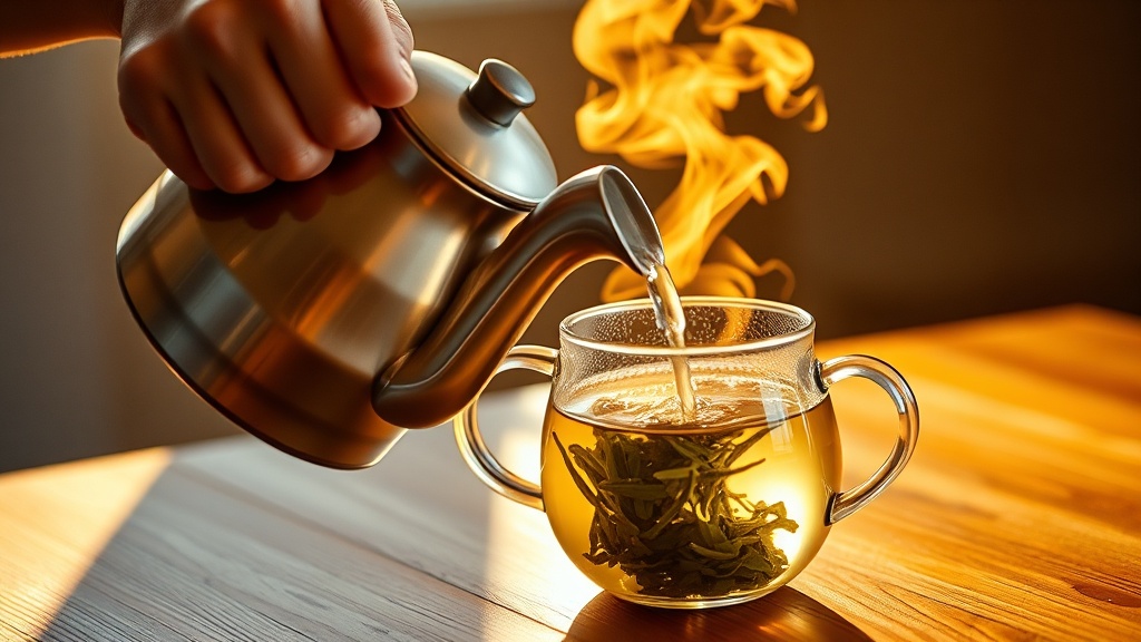 Geste d'infusion de thé en vrac avec bouilloire col de cygne et théière en verre