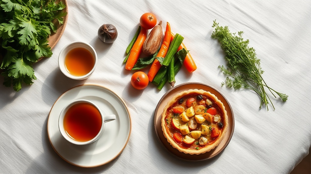 Brunch végétarien maison avec thé chaud et tarte saisonnière