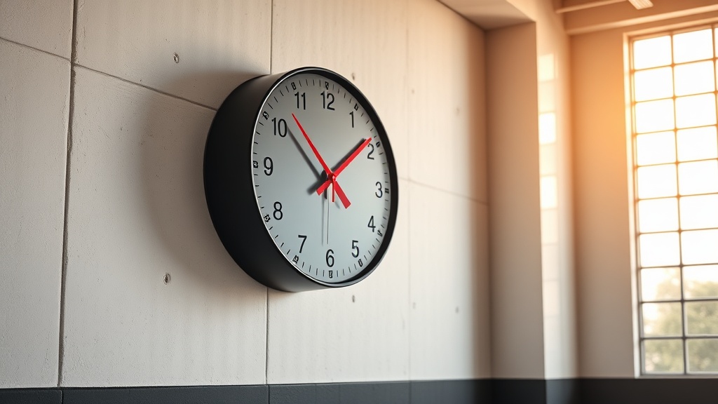 Large bold analog wall clock with red second hand mounted on a concrete gym wall