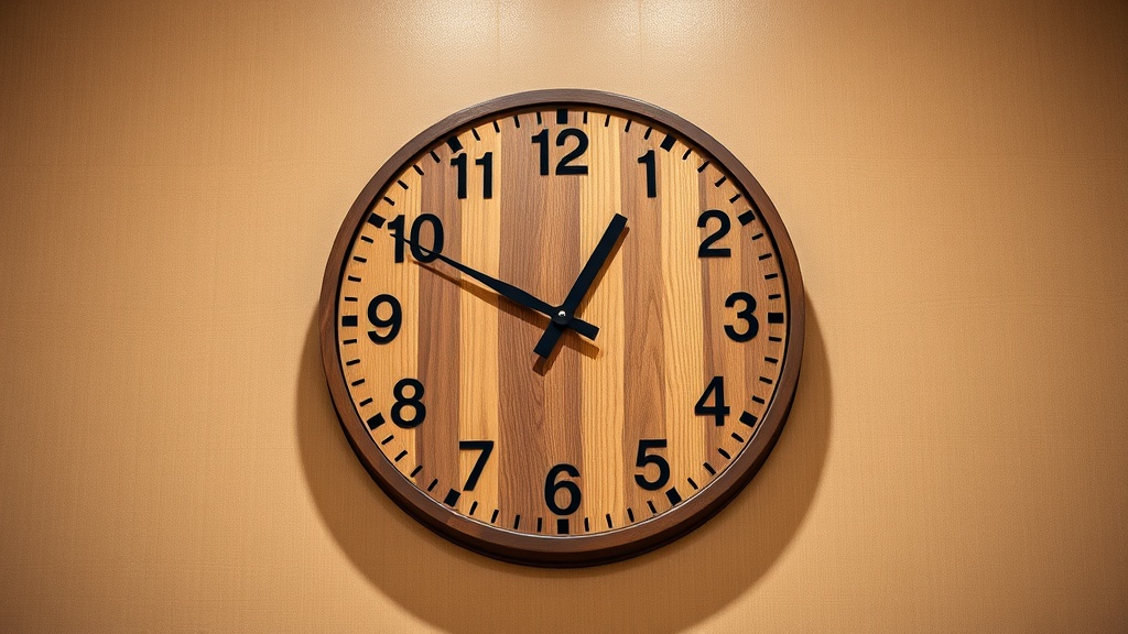 Close-up of walnut wood wall clock face with clean numerals on a home gym wall