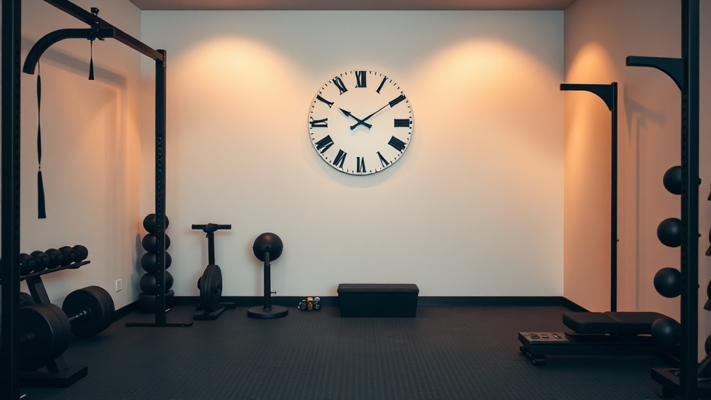 Home gym corner with large wall clock centered at eye height above rubber flooring