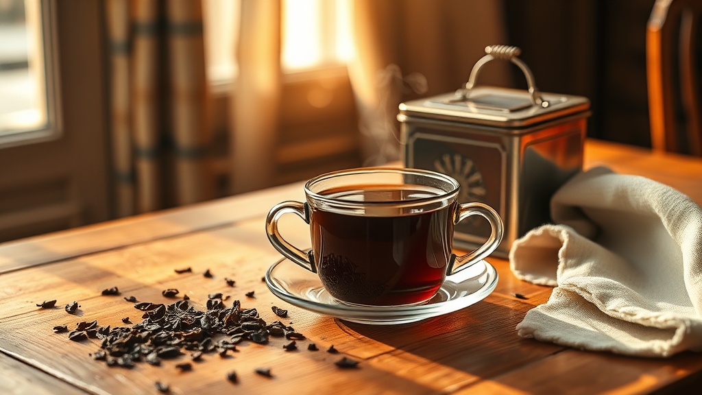 Tasse de thé fumante préparée avec des feuilles de thé conservées en boîte métal