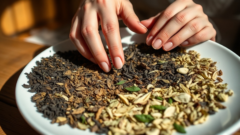 Mains de grand-mère inspectant des feuilles de thé vrac pour vérifier leur fraîcheur