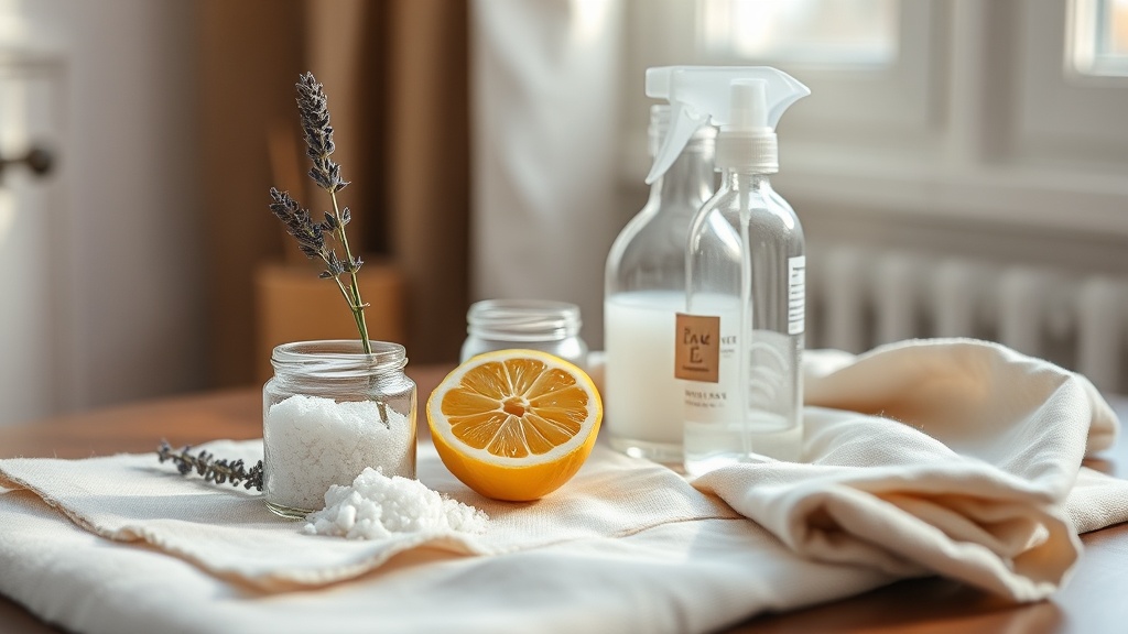 Ingrédients naturels pour nettoyer la maison : sel, vinaigre blanc, lavande et citron