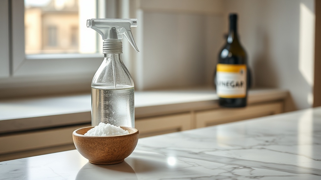 Vaporisateur maison avec sel et vinaigre blanc sur plan de travail en cuisine