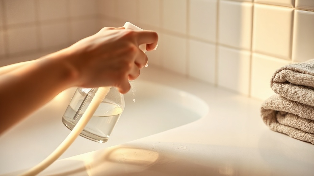 Application du mélange vinaigre blanc et sel sur carrelage de salle de bain