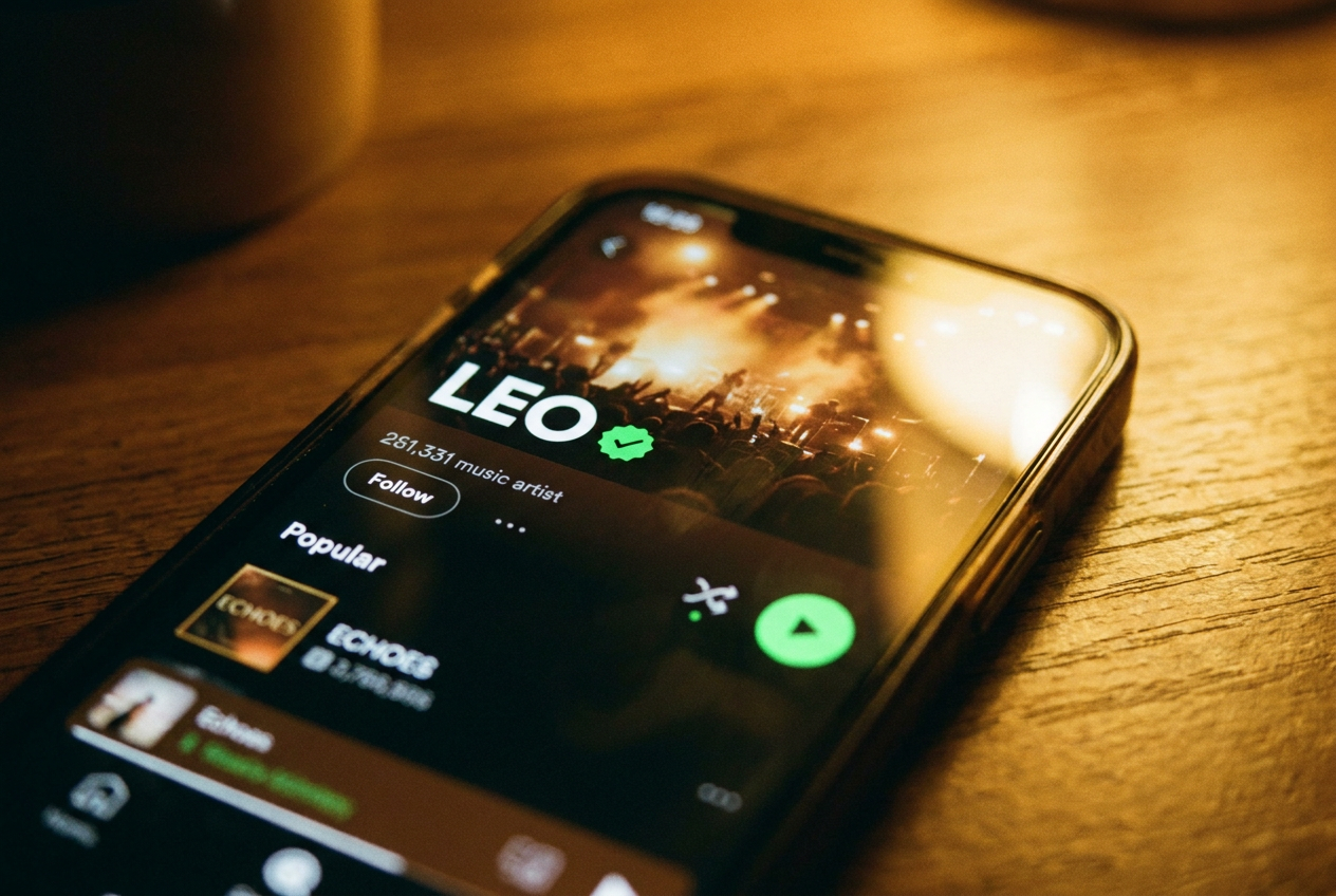 alt text: A smartphone showing a Spotify artist profile with a green Verified by Spotify badge