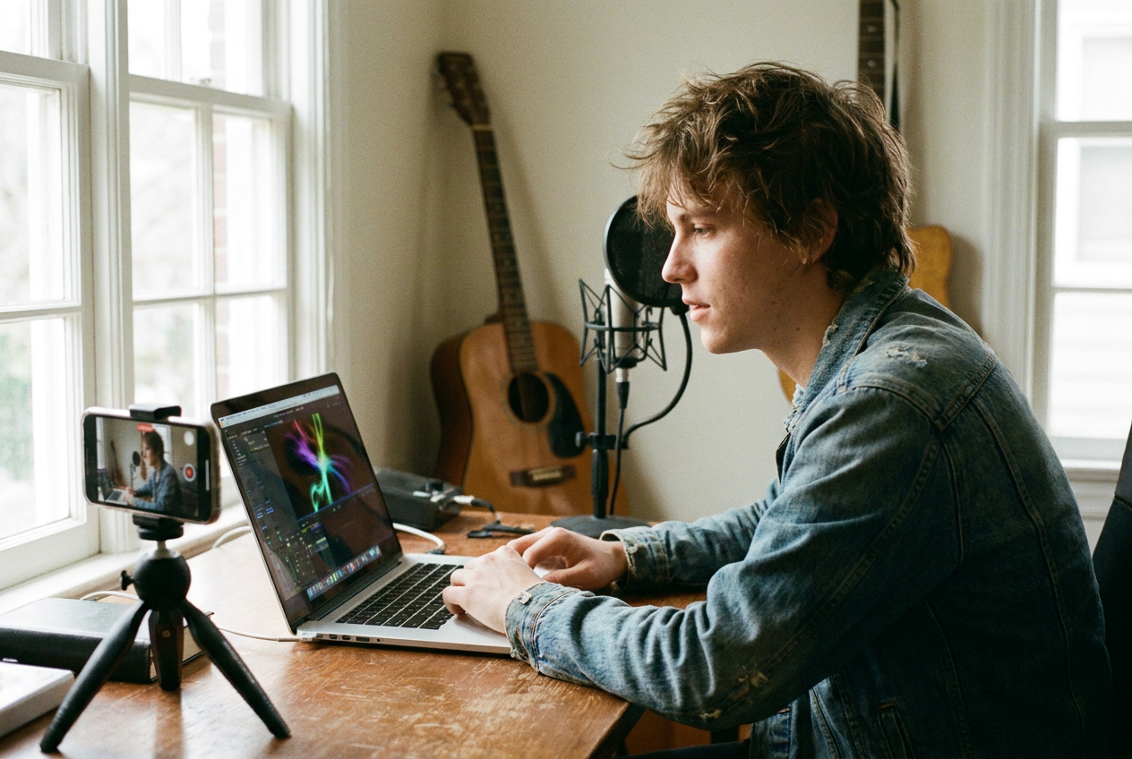 alt text: An independent musician filming a behind-the-scenes video while creating an AI music video on their laptop