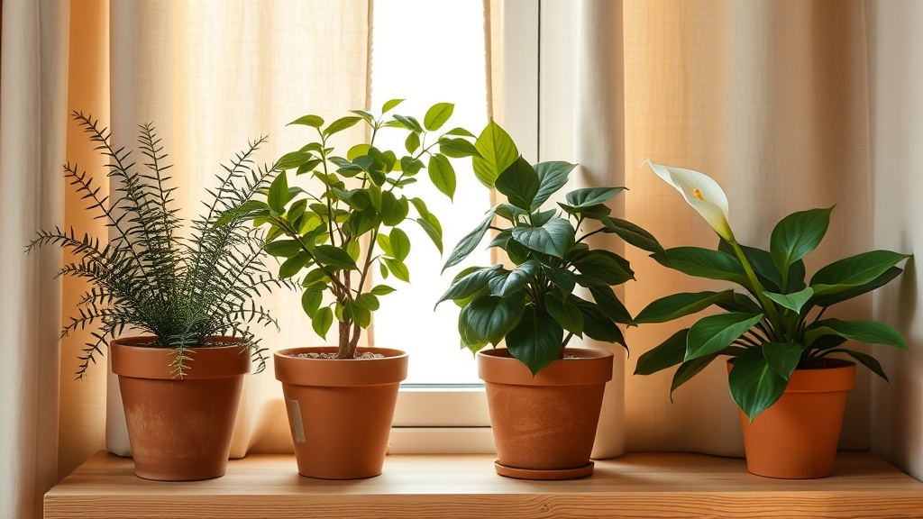 Plantes purificatrices d'air en pot sur une étagère en bois près d'une fenêtre lumineuse