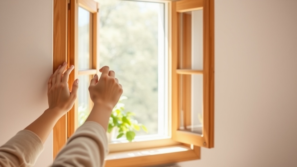 Mains ouvrant une fenêtre pour aérer et renouveler l'air d'un intérieur épuré et lumineux