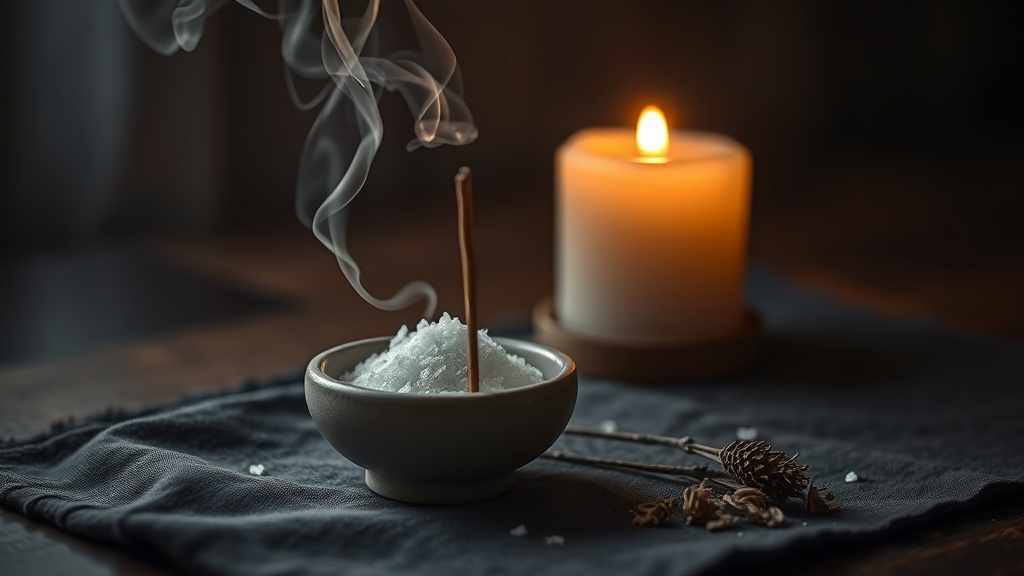 Bâton d'encens allumé dans un brûleur en céramique avec du sel et des herbes séchées pour purifier un espace