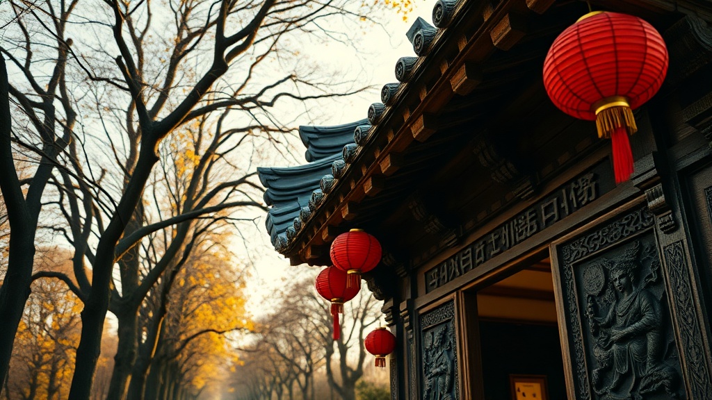 Portail d'un temple bouddhiste à Paris entouré d'arbres en automne