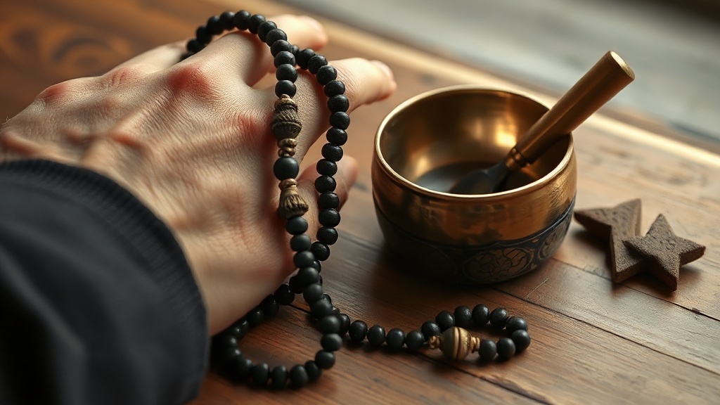 Main posée sur un mala en bois avec bol chantant tibétain