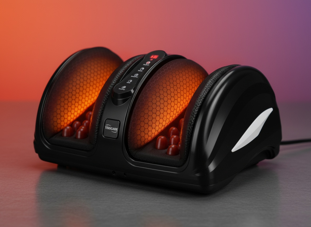 Close-up of TISSCARE foot massager showing detailed shiatsu massage nodes with warm lighting