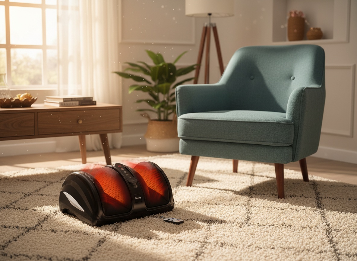 TISSCARE foot massager placed on a living room rug next to a chair in a home wellness space