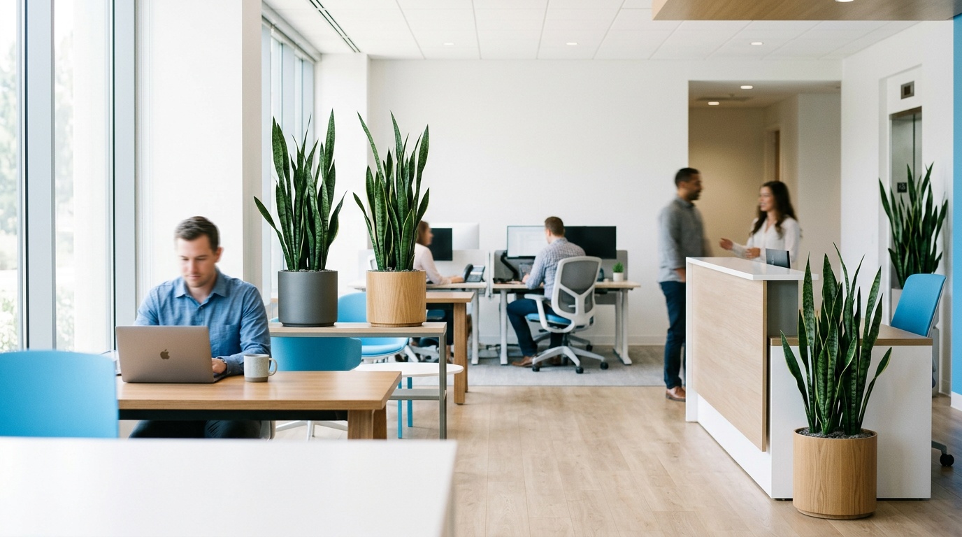 Upright snake plants beside office seating and circulation areas
