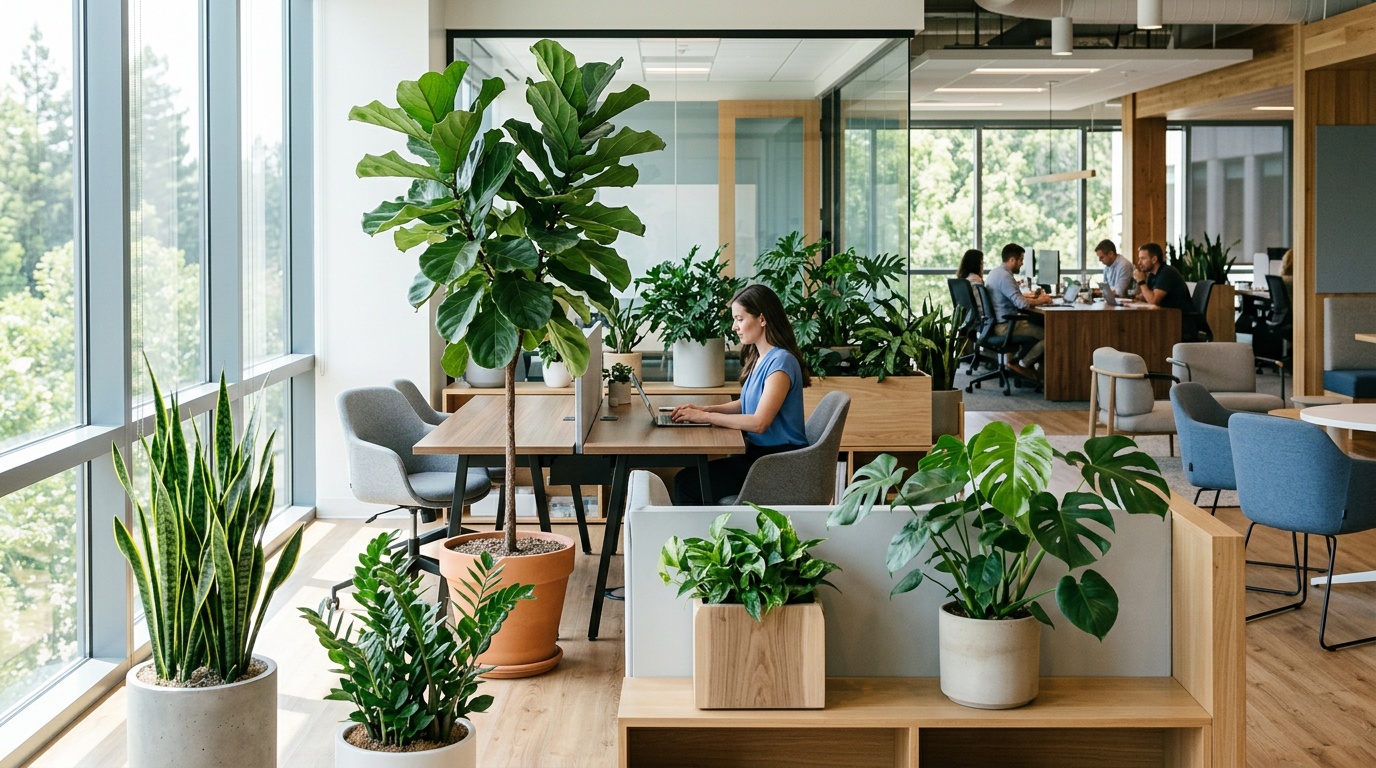 Business workplace evaluating the best office plant service option
