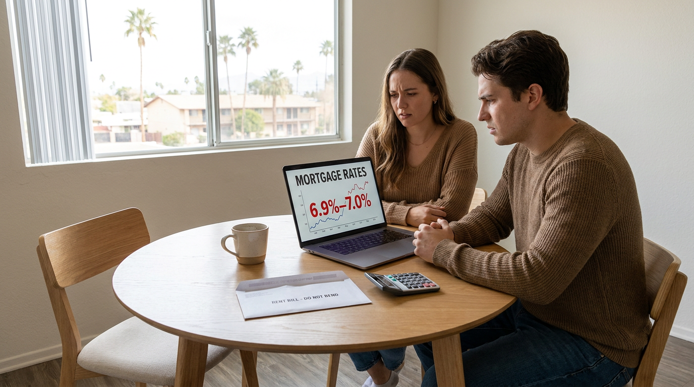 Young couple in a modest Southwest apartment living room, both seated at a small table with a laptop