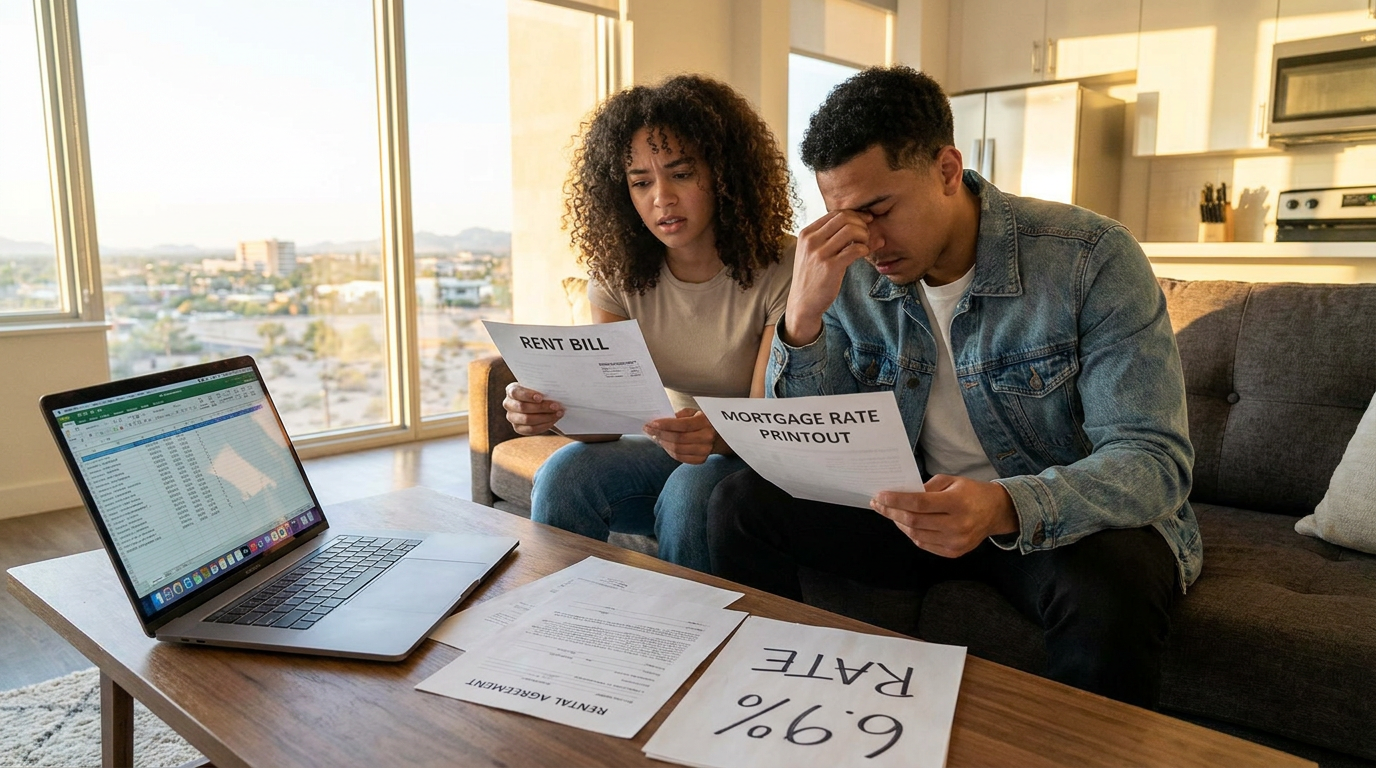Young couple in a small Southwestern apartment living room, seated at a table covered with a laptop,