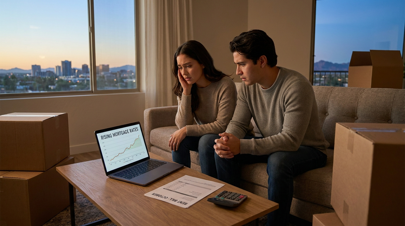 Young couple in a modest Southwest apartment living room, evening light from window, laptop open on 