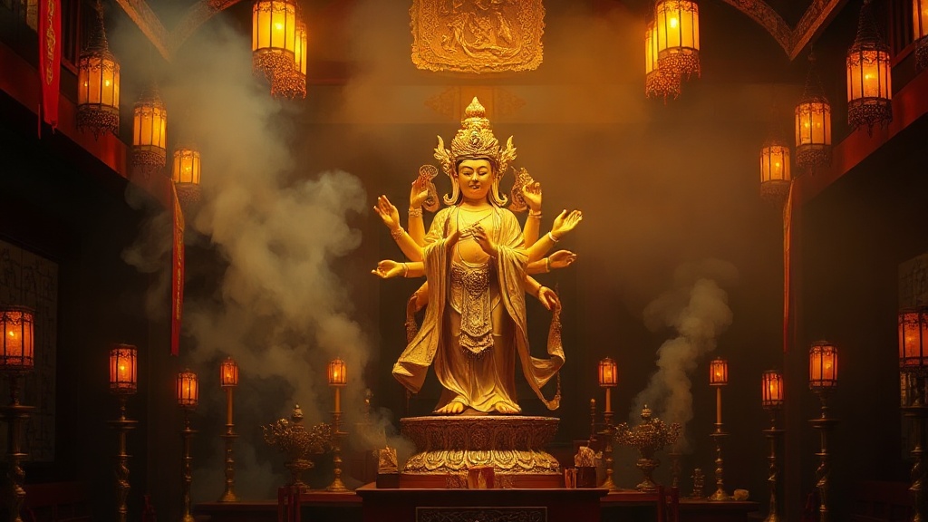 Statue de Guanyin à mille bras dans une salle de culte Chan, lumière dorée et fumée d'encens