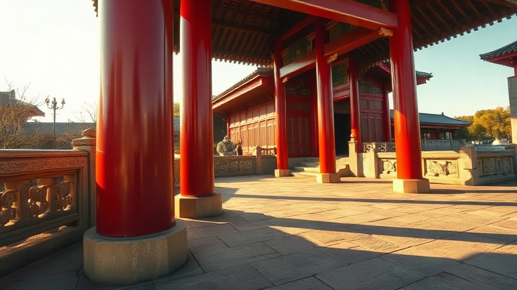 Portail d'entrée du Temple de la Grande Compassion de Tianjin, colonnes laquées rouge et pierre ancienne