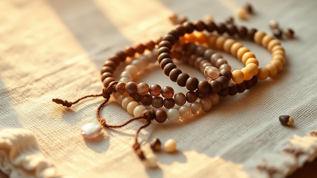 Assortment of Tibetan wrist malas in rosewood, sandalwood, and natural stone beads on linen cloth