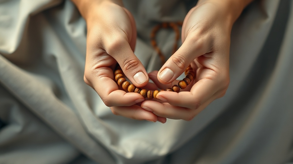 Hands holding a 27-bead Tibetan rosewood wrist mala at the guru bead during counting practice