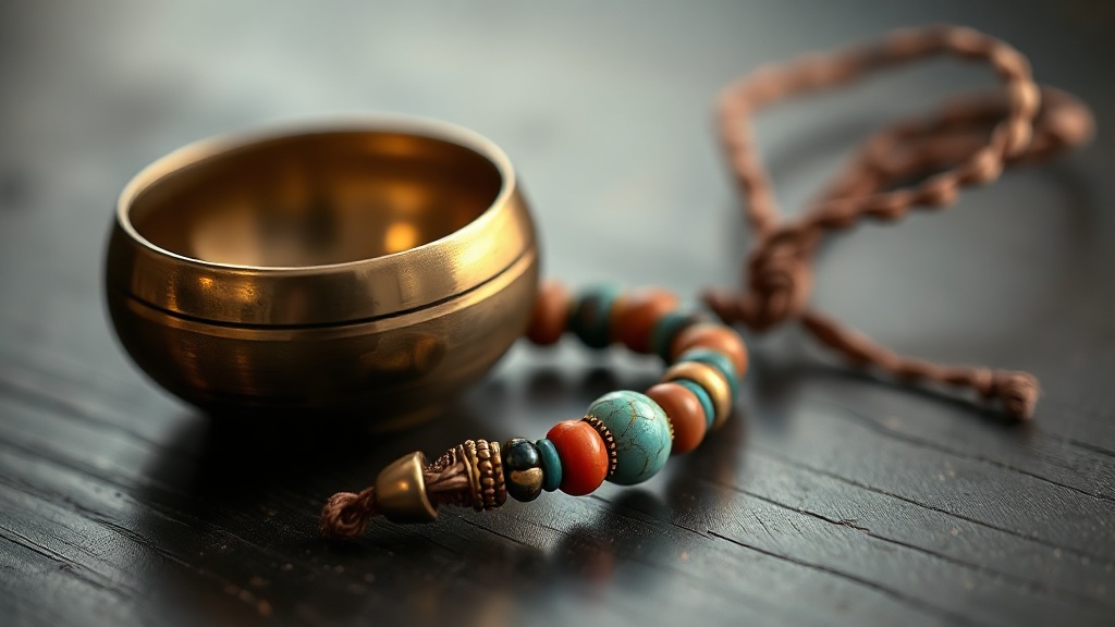 Tibetan wrist mala with turquoise and coral accent beads beside a small brass singing bowl