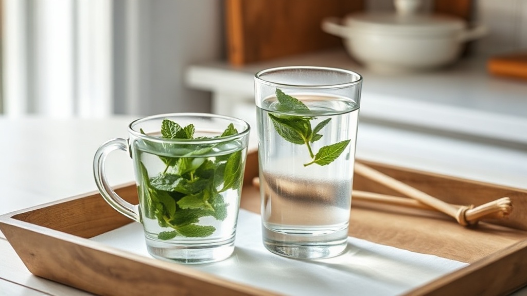 Verre d'eau et tisane à la menthe fraîche sur un plateau en bois