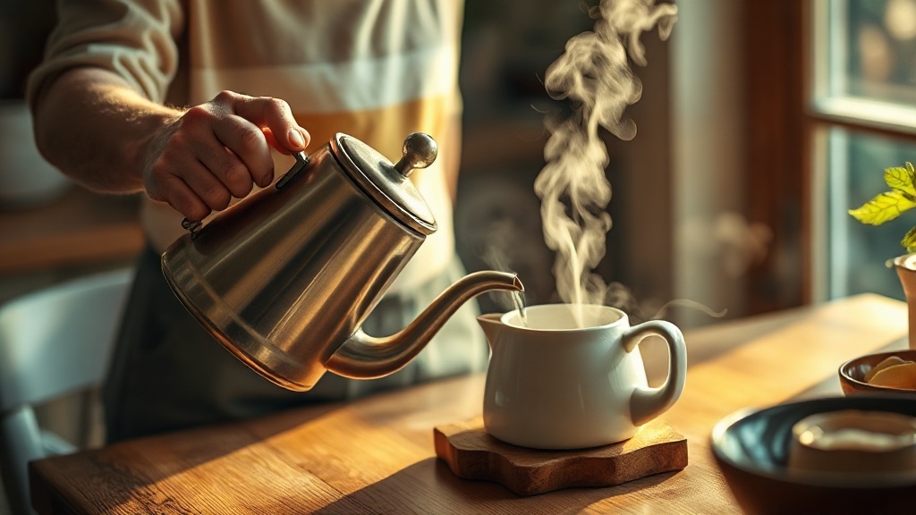 Mains versant de l'eau chaude dans une théière pour préparer une infusion douce