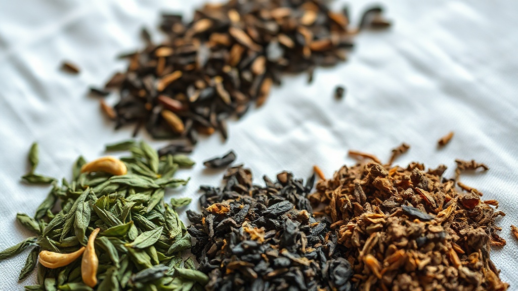 Différents types de thé en vrac : thé vert, thé noir et rooibos côte à côte