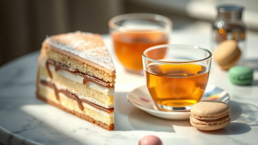 Pâtisserie fine et tasse de thé chaud posées sur une table en marbre dans un salon élégant