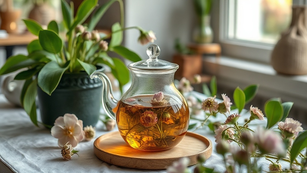 Théière en verre avec infusion florale dans un salon de thé à ambiance botanique et végétale