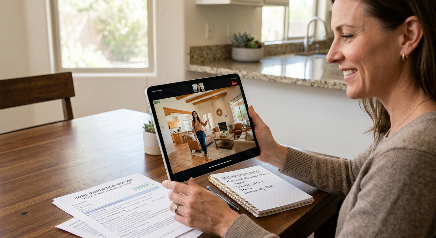 How to Buy a House in Scottsdale From Out of State With Ease 3 Photorealistic close-up of a homebuyer participating in a live video property tour on a tablet, local agent visible on scr...