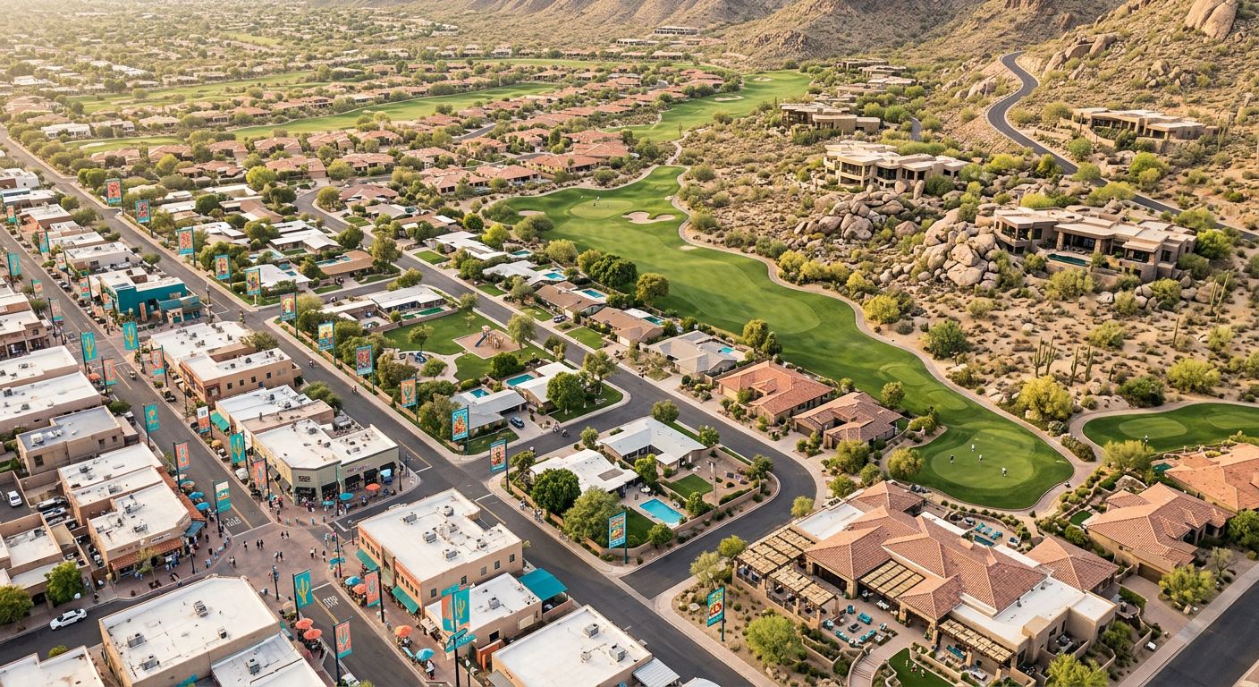 How to Buy a House in Scottsdale From Out of State With Ease 2 Modern illustrative aerial view of Scottsdale divided into distinct neighborhood moods, showing Old Town streets, a centra...