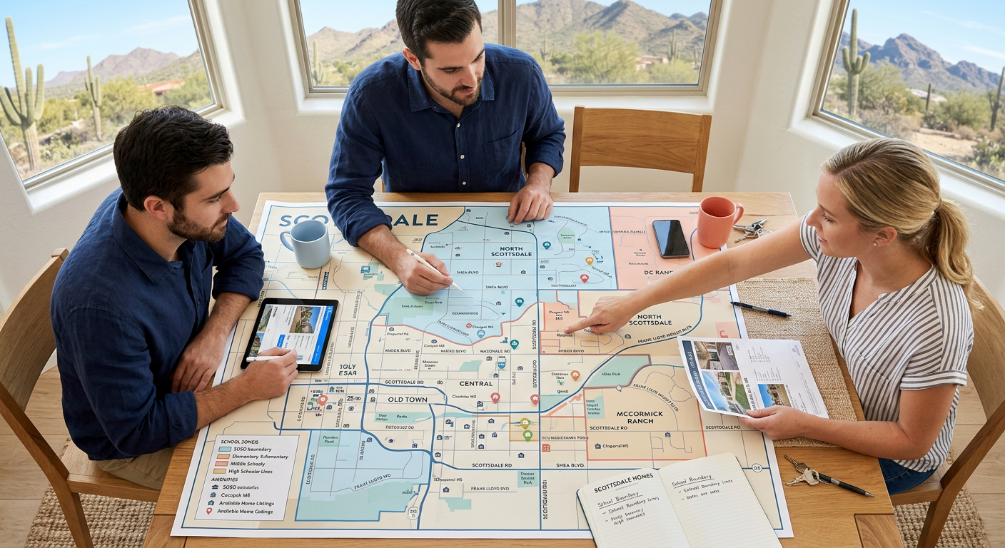 Clean modern editorial illustration of a Scottsdale street map spreading across a kitchen table, with a couple comparing h...
