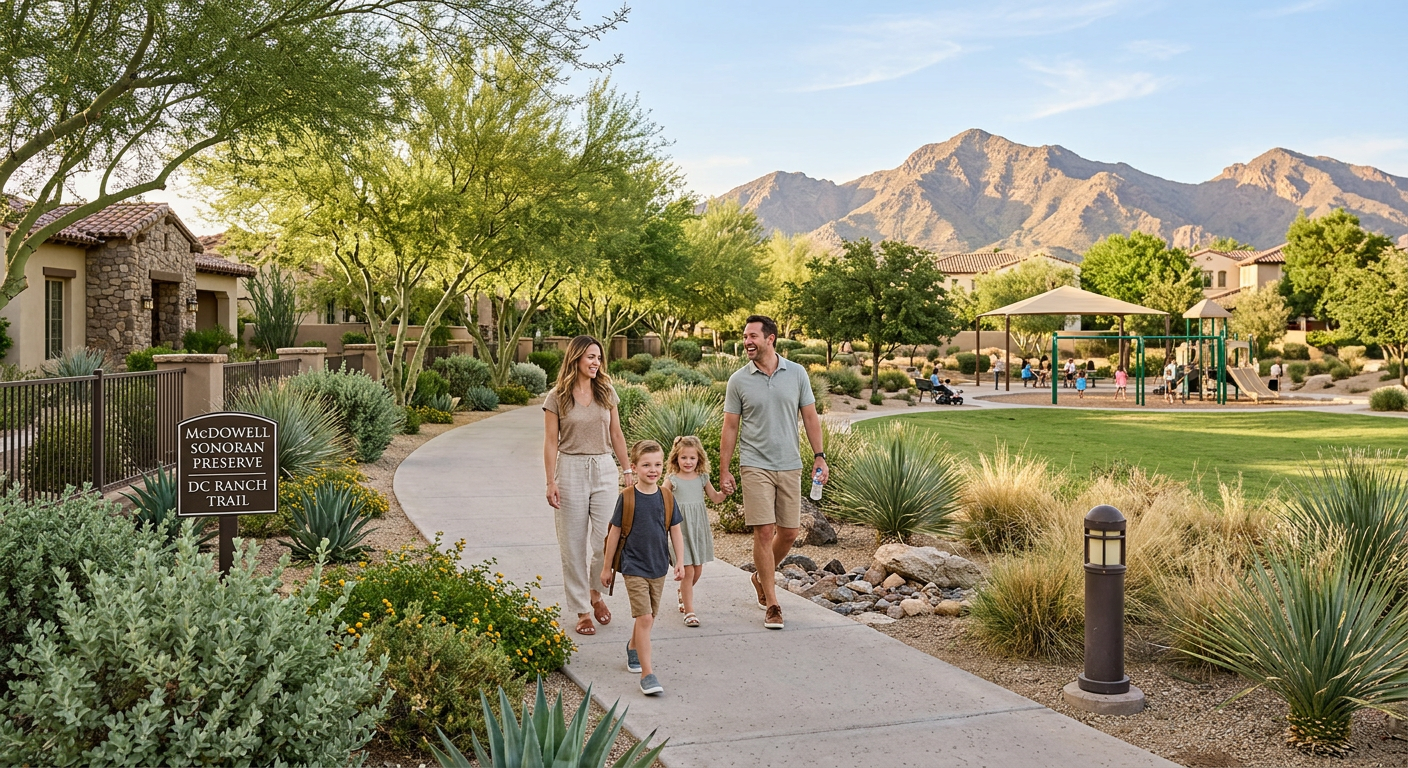 Photorealistic street-level scene in a well-kept Scottsdale master-planned community, showing a family walking along a sha...