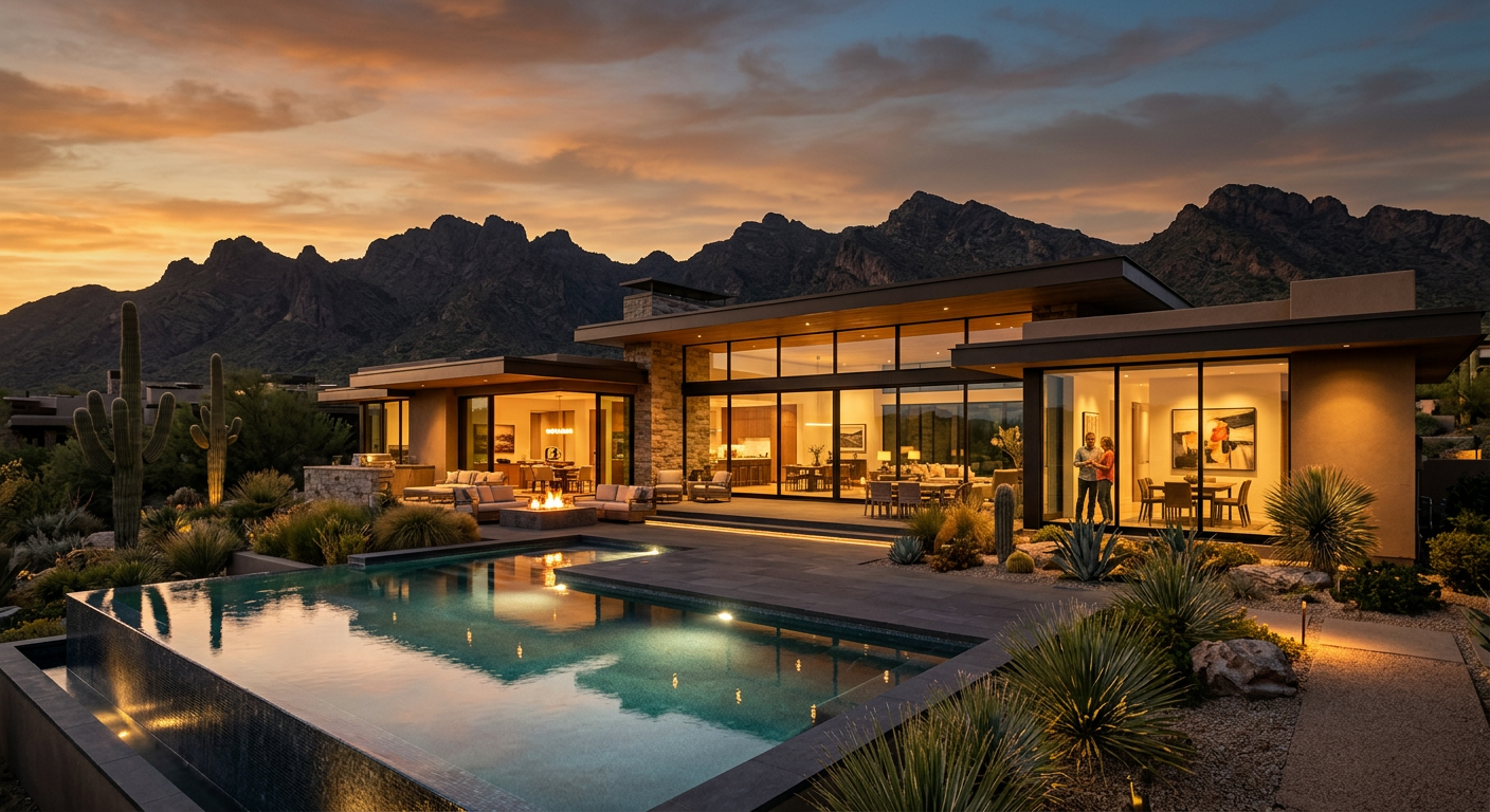 Photorealistic sunset view of a modern North Scottsdale home with a pool, desert landscaping, mountain silhouettes, and wa...