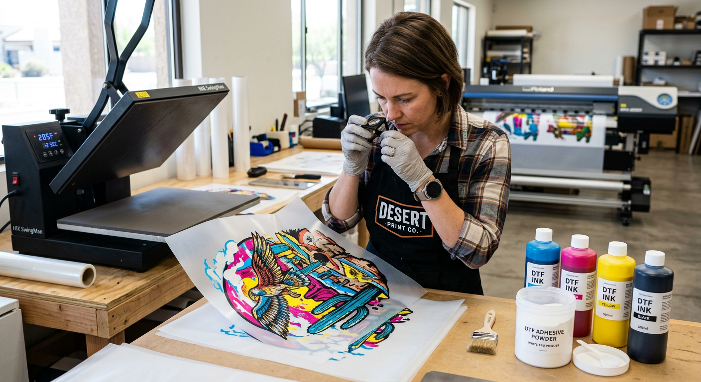 Photorealistic close-up of a print professional inspecting vivid full-color DTF transfer sheets on PET film next to clean ...