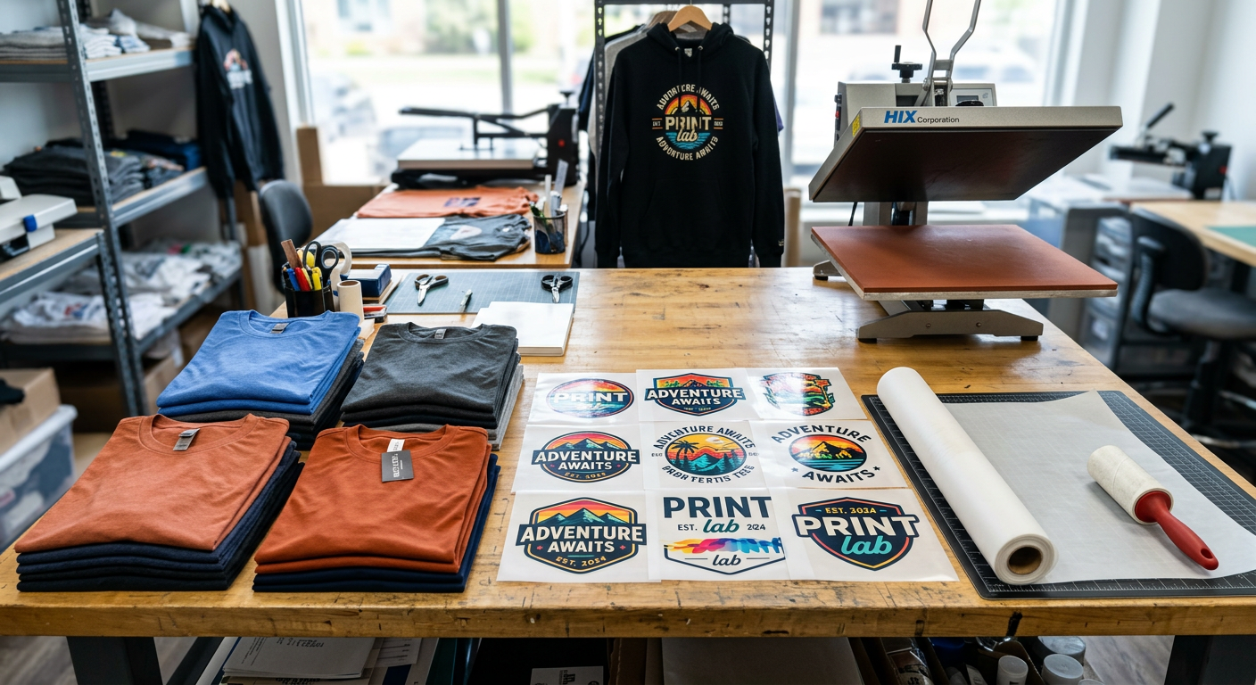 Photorealistic overhead view of a neatly organized apparel production table with colorful press-ready DTF film transfers, ...