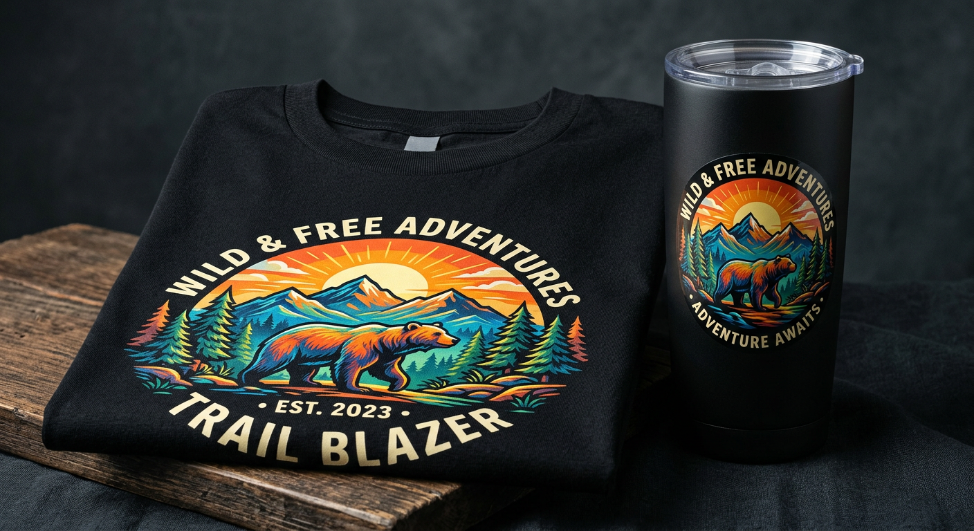 Editorial-style close-up of a finished black cotton T-shirt with a crisp, vibrant full-color DTF graphic beside a matching...
