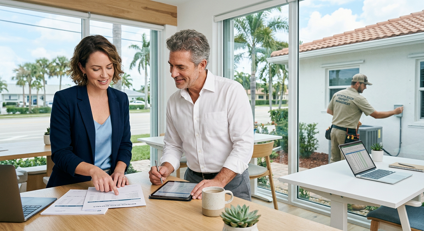 Modern illustrative scene showing a rental owner reviewing a clear monthly statement with a property manager, while a main...