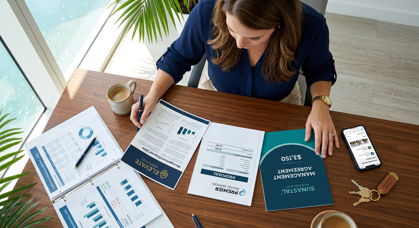 Photorealistic overhead view of a South Florida property owner comparing three management proposals beside rental financia...