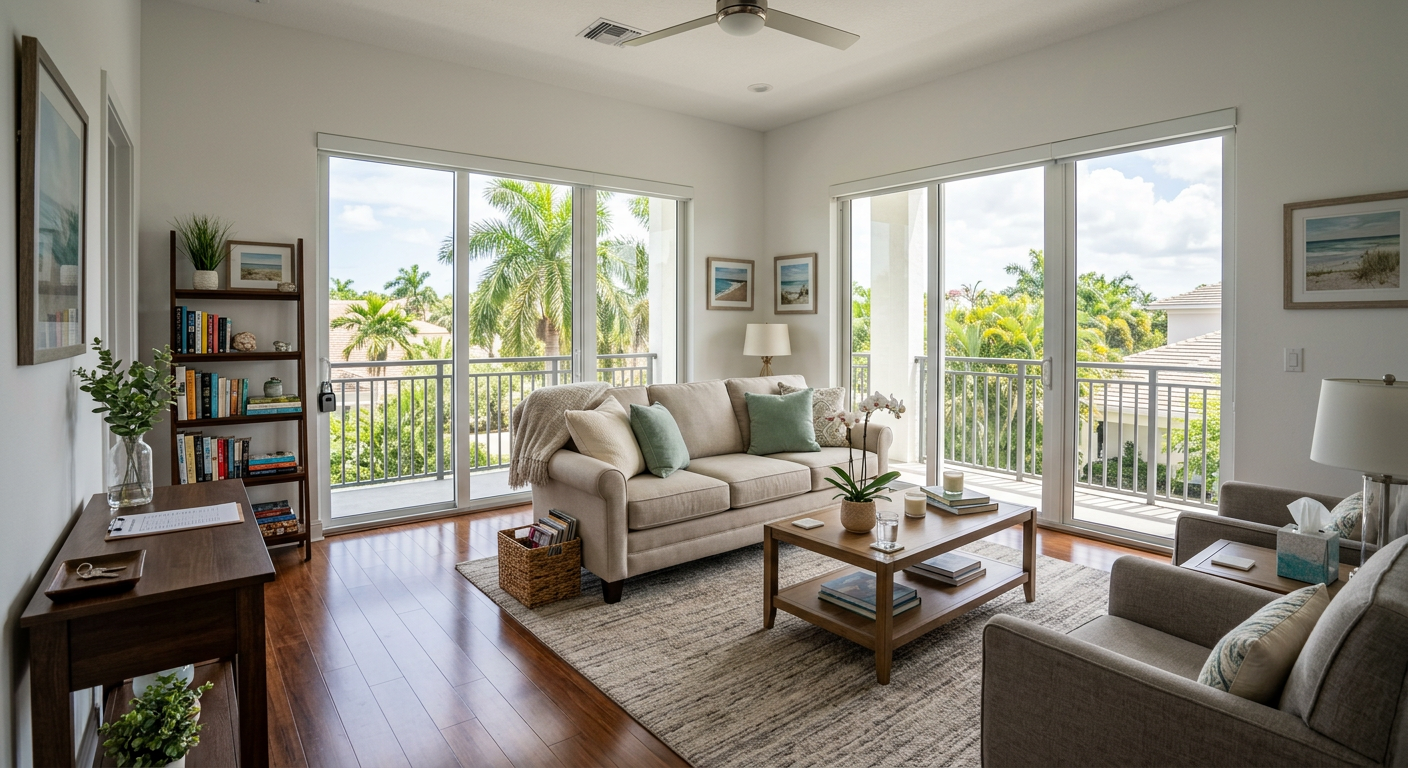 Photorealistic wide interior of a well-kept tenant-occupied South Florida living room prepared for a scheduled showing, ti...